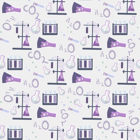 Primary School Chemistry Lesson Childcare. Pattern Vector Illustration Flask H2O CO2 Chemical Reagents Scattered on Table. Notebook Cover for Chemistry Lesson Biological Research and Study Microscopicのイラスト素材