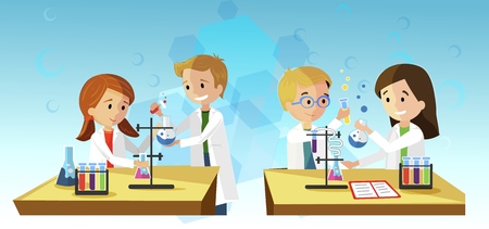 Chemistry Lesson Vector Illustration Children are Conducting Experiment Mixing Ingredients. Girl is Holding Pink Flask. Kid with Glasses Looks Reaction with Yellow Liquid. On Table Notebook.のイラスト素材