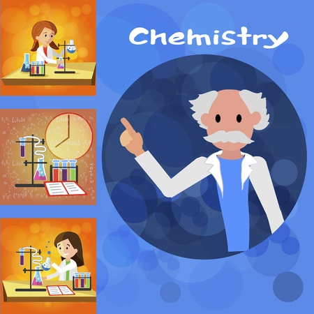 Discussion Scientific Report and Research Results. Vector Flat Illustration on Blue Background. Institute Chemistry in Medicine Jacket. Left Set on an Orange Background. Students in Lab.のイラスト素材