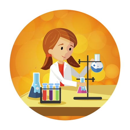Young Happy Girl is Preparing to Study Chemistry. Vector Flat Illustration on Orange Background in White Round Frame. On Table are Test Tubes Flasks Beakers Schoolgirl in Classroom Chemistry.のイラスト素材