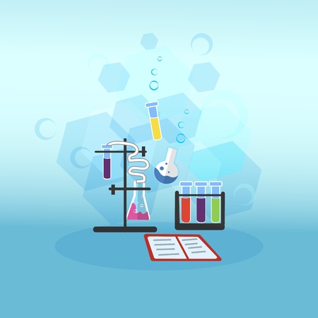 Vector Flat Illustration Chemistry Lesson. Test Tubes and Flasks Different Reagents. Red Book with Records Scientific Conclusions. Several Test Tubes Different Colors. Conducting Research Evidence.のイラスト素材