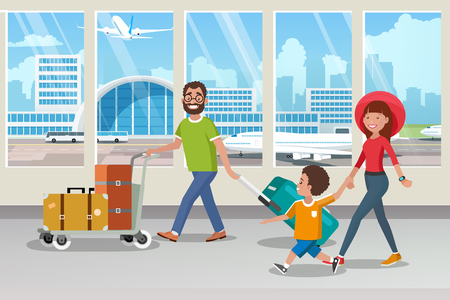 Traveling with Family by Airplane Cartoon Vector Concept with Happy Parents Carrying Trolley with Baggage, Walking with Child in Airport Terminal Corridor To Board Airliner Illustration. Vacation Tripのイラスト素材