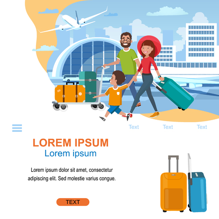 Airline Online Services for Passengers Traveling with Luggage Cartoon Vector Square Web Banner. Happy Parents with Child Carrying Baggage on Cart in Airport. Tourist Travel Company App Landing Pageのイラスト素材