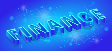 Finance Three-Dimensional Word, Glowing with Blue Neon Light Text, Isometric Vector Typography Template for Company Ad Banner, Business Concept, Web Design Element. English ABC Illuminated Letters Setのイラスト素材
