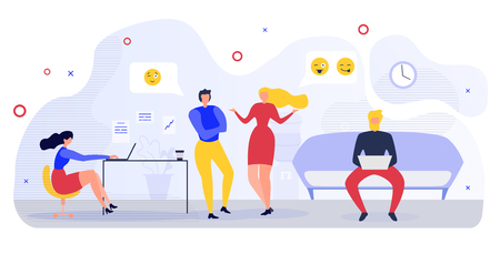Office Communication Flat Vector Concept with Office Worker, Company Employees, Freelancer Man and Woman Talking in Office or Coworking Center Illustration. Business Colleagues Informal Communicationのイラスト素材