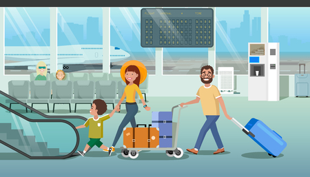 Family Departure or Arrival in Airport Cartoon Vector Concept with Father Pushing Baggage Trolley with Bags, Mother Holding Child by Hand While Walking to Escalator in Airport. Hurry to Boarding Planeのイラスト素材