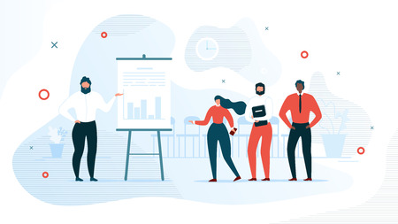Successful Business Project Presentation, Company Strategy Planning, Statistics Indicators Analysis Flat Vector Concept. Businessman Showing Graphs on Flip Chart for Colleagues in Office Illustrationのイラスト素材
