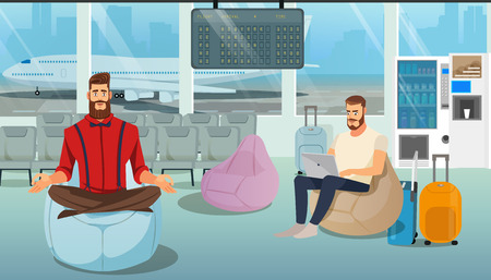 Airplane Passenger, Freelancer or Businessman in Business Trip Working and Resting in Airport Comfortable Lounge while Waiting for Flight Cartoon Vector Illustration. Airline Client Services Conceptのイラスト素材