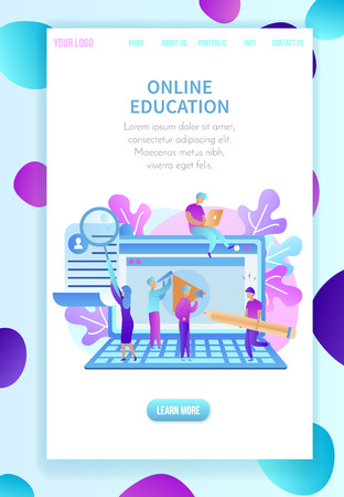 Huge Laptop, Young Studying People Around. Training Students Gaining Knowledge. Internet and Online Education. Vertical Banner with Copy Space and Abstract Ornament Border. Flat Vector Illustration.のイラスト素材