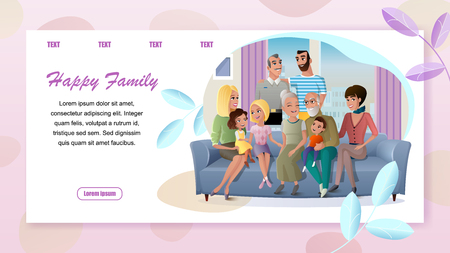 Happy Family Cartoon Vector Horizontal Web Banner with Senior Couple Spending Time with Children, Relatives Gathering at Home Illustration. Service for Retired People Landing Page. Family Generationsのイラスト素材