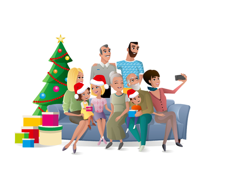 Big Family Christmas Celebration Cartoon Vector Concept with Happy Smiling Relatives Sitting on Sofa with Children, Making Group Portrait near Christmas Tree Illustration Isolated on White Backgroundのイラスト素材
