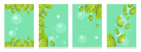 Set of Realistic Illustration Fresh Mint Leaves on Green Background. 3d Vector image with Mint Leaves Flying in Sunshine and Bubbles. Cooling Effect Mint Products. Advertising Banner or Brochureのイラスト素材