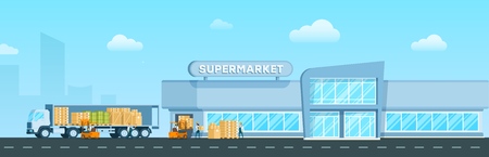 Express Truck Delivering Goods to Supermarket. Warehouse Delivery Freight, Box to Modern Glass City Mall. Storage Distribution. Worker Unload Package form Van. Flat Cartoon Vector Illustrationのイラスト素材