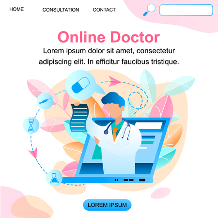 Banner Using Laptop for Online Doctor Consultation. Vector Illustration Male Medical Specialist in White Medical Gown on Monitor Screen. Prescription Treatment Disease. Modern Medicine.のイラスト素材
