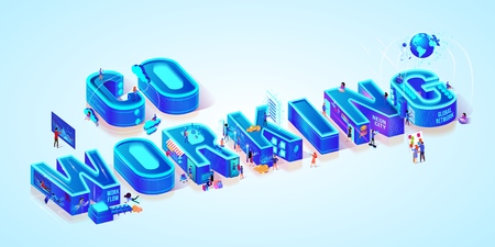 Isometric Projection Of Word Coworking. Team Collaboration and Brainstorming in Business Process. Company Analytics Information. Miniature People in Hi-Tech Smart Neon City. Flat Vector illustrationのイラスト素材