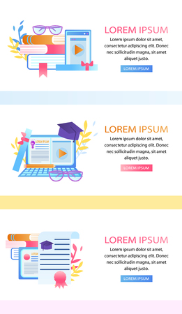 Set of Educational Banners. Heap of Textbooks with Tablet, Scroll, Glasses, Leaves Branches. Laptop with Lightbulb, Academic Cap. Diploma Certificate with Books. Copy Space. Flat Vector Illustration.のイラスト素材