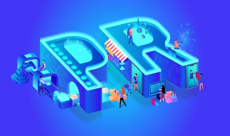 3d Neon Effect Isometric Letters PR. Blue Gradient Background. Creative Font. Little People Characters Use Smart Technology in Life, Produce Goods, Shopping, Online Research. Vector Flat Illustration.のイラスト素材