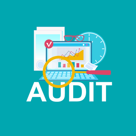 Audit, Accounting Flat Vector Cartoon Illustration. Laptop, Coins on Blue Background. Bookkeeping, Investment, Analytics Concept. Graph Growth on Computer Screen Drawing. Clock, Time Management Ideaのイラスト素材