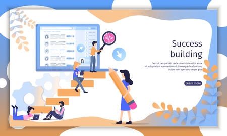 Successful Company Building Flat Vector Web Banner. Business People, Company Employees, Office Workers Working Together for Financial Growth Illustration. Investment Project Landing Page Templateのイラスト素材