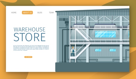 Warehouse Store Industrial Indoor Space Design. Smiling Male Worker Character in Overall Uniform and Hard Hat Standing on Stairs. Factory Empty Interior. Flat Cartoon Vector Illustrationのイラスト素材