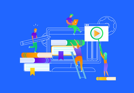 Little People Around of Big Desktop. Tutorial Infographic, E-learning Research, University Exam. Cartoon Students Training by Digital Books Technology. Online Education. Flat Vector Illustrationのイラスト素材