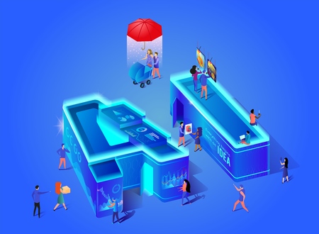 Ai 3d Neon Letters. Artificial Intelligence. Everything Begins With An Idea. Little Scientists Create Technology of Future on Computer. People Using New Tech in Life. Isometric Vector Illustration.のイラスト素材