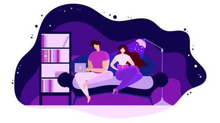 Resting at Home in Evening Flat Vector Concept Isolated on White Background. Couple Sitting on Sofa in Living Room, Woman Reading Book, Man Surfing Online with Laptop Illustration. Day off leisureのイラスト素材