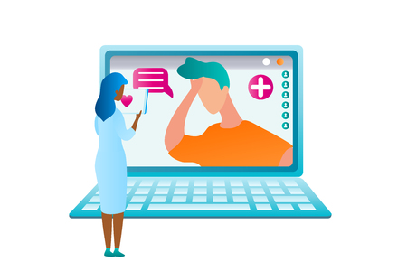 Illustration Girl Doctor Examining Analysis Result. Vector Image Guy Sought Medical Assistance from Online Specialist. Woman Standing Laptop Prescribe Treatment for Patient. Modern Medicine Healthcareのイラスト素材