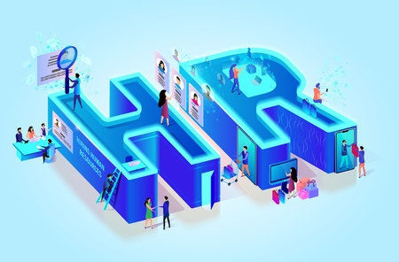 Isometric 3d Creative Letters HR. Human Resource. Little People in Neon City. Job Search. Interviewing, Assessment, Recruitment Agency. Hiring Employee Using Smart Technology. Flat Vector Illustrationのイラスト素材