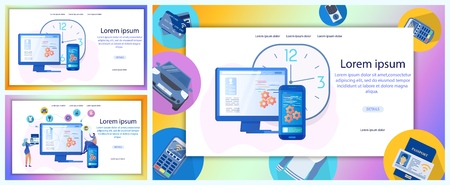 Mobile Banking, Digital Technologies for Entrepreneurs, Internet Payments Instruments Flat Vector Web Banners Set. Company Online Shopping, Customers Support Service Landing Pages Templates Collectionのイラスト素材