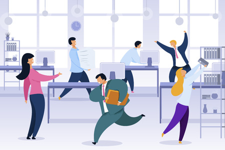 Work Rush, Office Chaos, Flat Vector Illustration. Busy, Stressed Office Workers Fussing Characters. Job Routine, Deadline. Working-Day, Shift Cartoon Clipart. Employees at Workplace Color Conceptのイラスト素材