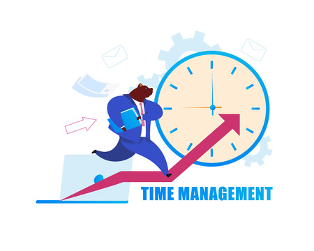 Time Management Flat Cartoon Vector Illustration. Humanised Bear in Suit Drawing with Lettering. Metaphor of Businessman as Animal. Office Worker Running on Diagram. Clock, Laptop, Graph Posterのイラスト素材