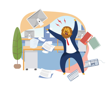 Angry Boss with Lion Head Vector Illustration. Office Worker Metaphor as Animals King. Mad Employer Shouting. Workday, Work Rush, Chaos, Deadline Concept. Papers, Documents, Folders, Keyboard Flyingのイラスト素材
