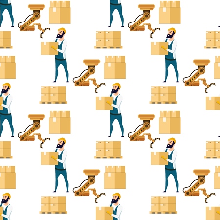 Automatic Box Packing Device Seamless Pattern. Brown Metal Factory Crane Robotic Claw Equipment. Factory Worker Character Holding Cardboard Package. Flat Cartoon Vector Illustrationのイラスト素材