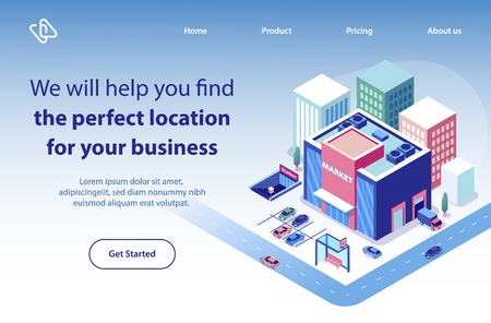 Commercial Real Estate Company Isometric Vector Web Banner, Landing Page Template. Shopping Center Building in Perfect Location of City District Illustration. Searching Property for Business Purposesのイラスト素材