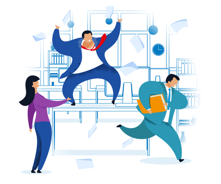 Work Rush, Office Chaos, Flat Vector Illustration. Busy Workers Fussing. Nervous Employer. Angry Boss on Desk Shouting at Employees. Job Deadline. Linear Office Interior. Businessman with Briefcaseのイラスト素材