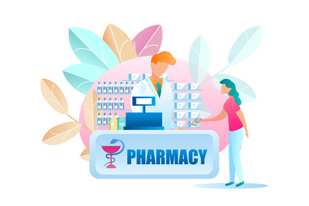 Illustration Woman Buying Medicine at Pharmacy. Vector Girl Stretches Male Pharmaceutical Worker Banknote. Purchase Medication by Prescription. Showcase with Drug. Pharmacist is Behind Cash Registerのイラスト素材