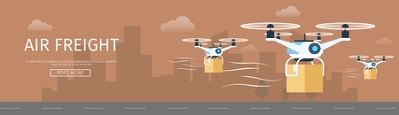 Air Drone Delivering Parcel. Supply Service Banner. Picture of Flying Shipping Device. Weight and Goods Transportation. Various Size Cardboard Box. Flat Cartoon Vector Illustrationのイラスト素材