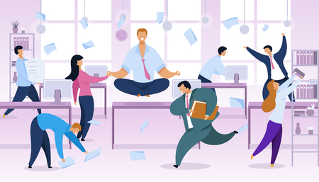 Work Rush, Office Routine Vector Illustration. Businessman in Lotus Position at Workplace. Working-Day, Chaos Color Cartoon Clipart. Time Management Concept. Busy, Stressed Employees Fussingのイラスト素材