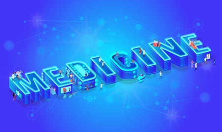 3d Neon Isometric Word Medcine on Gradient Background with Neural Network. Future Medical Technology. People Personnel Using Robotic, Augmented and Virtual Reality for Diseases Diagnosis and Treatmentのイラスト素材