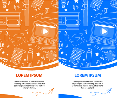 Set of Vertical Banners in Orange and Blue Color with Copy Space. School Accessories White Outline Ornament. Stationery Stuff Signs. Back to School, University, College Flyer. Vector Illustration.のイラスト素材