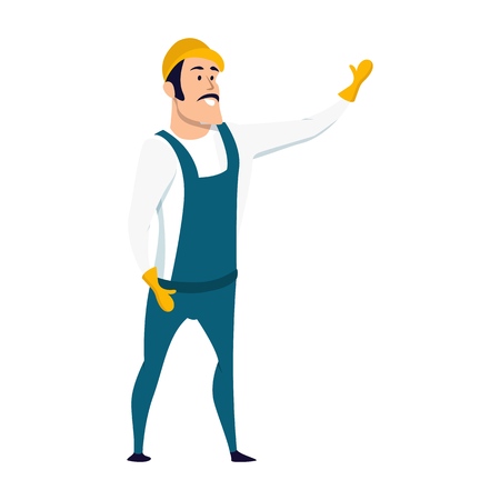 Smiling Male Warehouse Worker Character Standing with his Hand Up. Happy Factory Staff Wearing Overall Uniform and Hard Hat. Engineer Man in Safe Outfit. Flat Cartoon Vector Illustrationのイラスト素材
