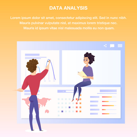 Worldwide Data Analysis Chart Banner Character. Business Man Show Global Finance Infographic Grath. Digital Marketing Kpi Presentation for Website or Landing Page. Flat Cartoon Vector Illustrationのイラスト素材