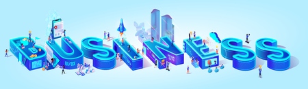 Isometric Projection of Word Business. Intelligent Smart City With Buildings and Infrastructure. Cloud Management System. Little People Walking at Huge Letters. 3d Vector Illustration, Flat Charactersのイラスト素材