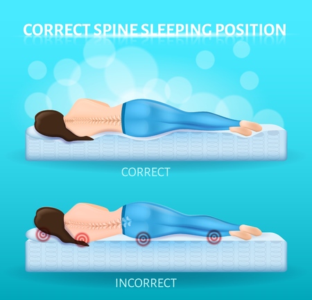 Correct and Incorrect Sleeping Position which Causing Spine Pains or Posture Defects Realistic Vector Banner, Poster with Woman Lying on Orthopedic and Hard, Uncomfortable Spring Mattress Illustrationのイラスト素材