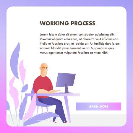 Businessman Character Working Process Web Banner. Corporate Employee Work at Table Workplace. Happy Sitting Office Man Concept for Website or Landing Page. Flat Cartoon Vector Illustrationのイラスト素材