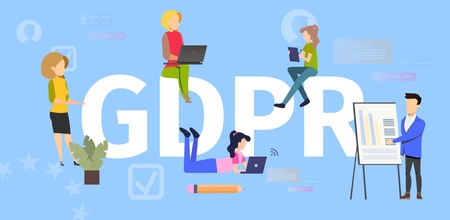 General Data Protection Regulation Flat Vector Banner. Internet Users Using Computers, Working, Making Purchases Online, Business Owner Collecting Information Illustration. Personal Data Protectionのイラスト素材