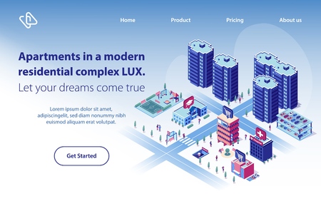 Apartments in Modern Residential Complex Isometric Vector Web Banner. City Luxury Real Estate Object with Perfect Location and Infrastructure Illustration. Construction Company Landing Page Templateのイラスト素材
