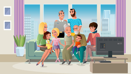 Tree Generations of Big Family Gathered at Home, Spending Time Together while Sitting at Sofa in Living Room Cartoon Vector Illustration. Traditional Family Values Concept. Senior Couple with Childrenのイラスト素材