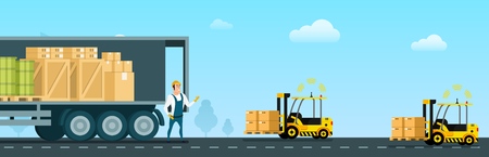 Automatic Forklift Car Carrying Freight to Truck. Open Delivery Van Full of Goods, Box, Tank. Warehouse Worker Character in Uniform Standing Infront. Flat Cartoon Vector Illustrationのイラスト素材